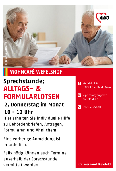 Das Bild zeigt den Flyer für die Sprechstunde der Alltags- und Formularlotsen in Bielefeld Brake.