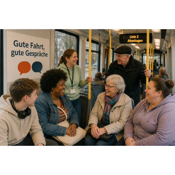 Personen unterhalten sich in der Stadtbahn