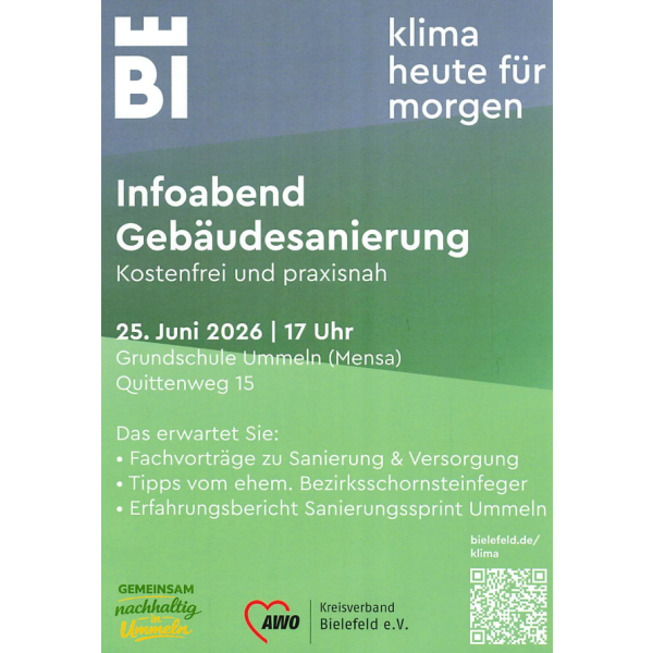 Kostenfreier Infoabend „Gebäudesanierung“ am 25. Juni 2026 um 17 Uhr in der Mensa der Grundschule Ummeln.