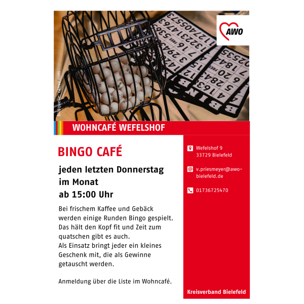 Auf dem Bild ist der Aushang für das Bingo Café zu sehen.
