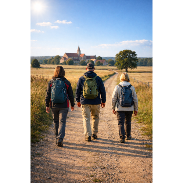 eine Gruppe aus drei wandernden Personen, aufgenommen von hinten, auf einem Pilgerweg