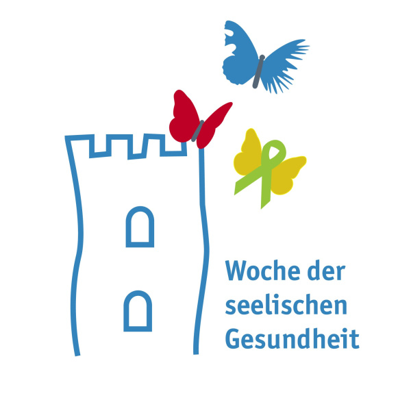 Logo der „Woche der seelischen Gesundheit“ mit stilisiertem blauem Leuchtturm, drei bunten Schmetterlingen