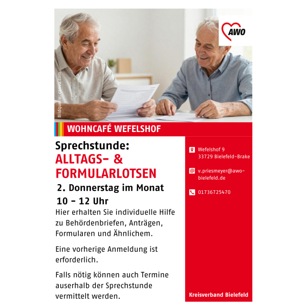 Das Bild zeigt den Flyer für die Sprechstunde der Alltags- und Formularlotsen in Bielefeld Brake.