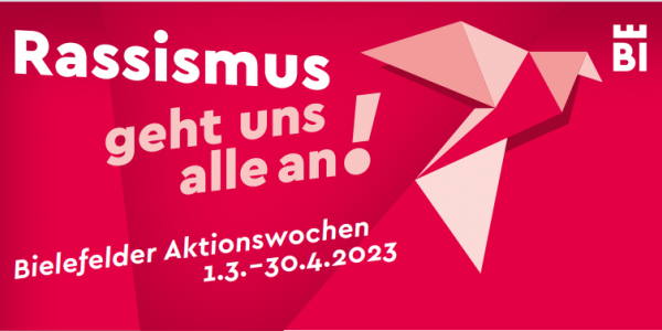 Schrift auf farbigem Hintergrund: "Rassismus geht uns alle an!"