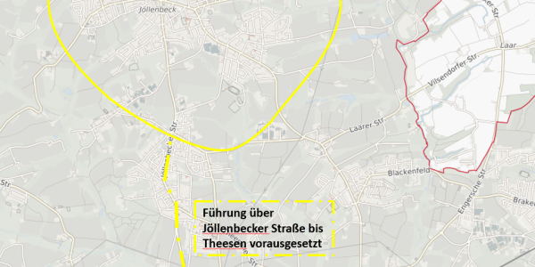 Die Karte zeigt das Gebiet, das für die StadtBahn-Verlängerung der Linie 3 Richtung Norden infrage kommt. Grafik: Stadt Bielefeld
