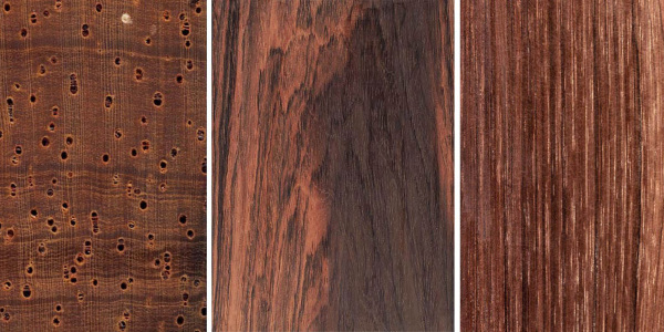 Geschützte Holzart Rio-Palisander (links = Querschnitt (in Lupenvergrößerung 10x), Mitte = tangentiale Ebene (natürliche Größe / Oberfläche) Rechts = radiale Ebene (natürliche Größe / Oberfläche)) Quelle: App CITESwoodID / Thünen-Institut