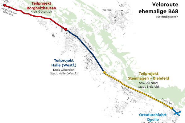 Die komplette Strecke der Veloroute mit den Teilprojekten entlang der ehemaligen B68