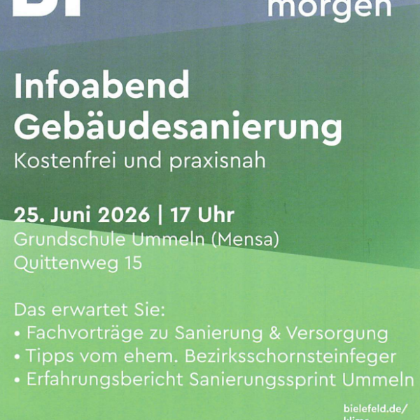 Kostenfreier Infoabend „Gebäudesanierung“ am 25. Juni 2026 um 17 Uhr in der Mensa der Grundschule Ummeln.