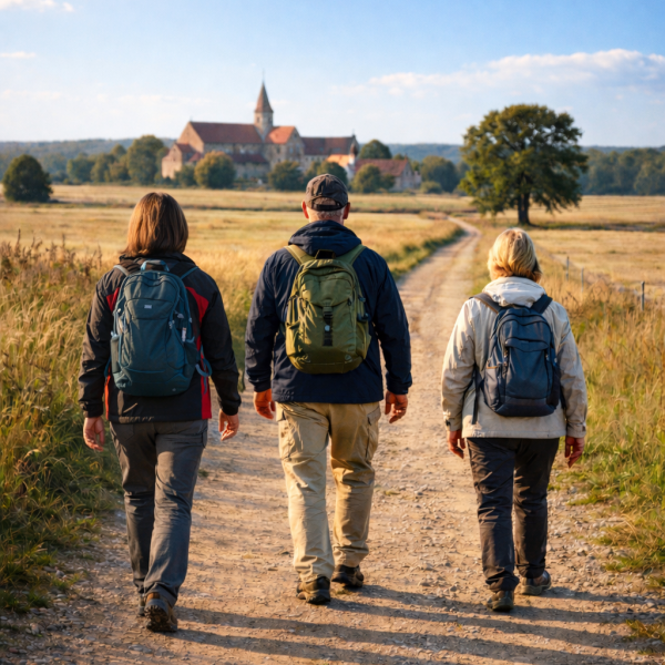 eine Gruppe aus drei wandernden Personen, aufgenommen von hinten, auf einem Pilgerweg