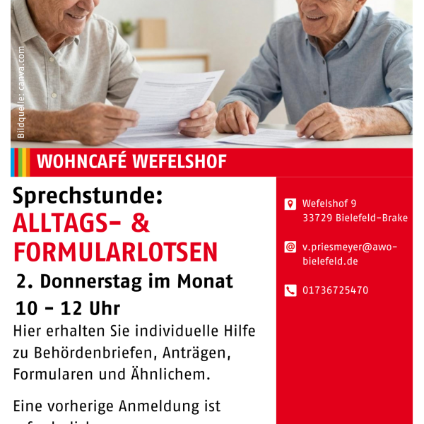 Das Bild zeigt den Flyer für die Sprechstunde der Alltags- und Formularlotsen in Bielefeld Brake.